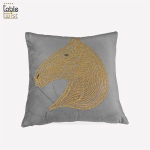 Grey Embroidered Velvet Beaded Horse Head Cushion